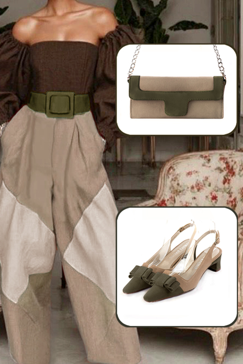 Women's khaki green and meadow green elegant slingback heels, with a bow on the front. Tapered toe. Low kitten heels - Top view